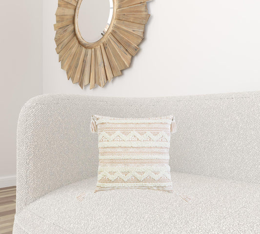 18" X 18" Beige And White Geometric Zippered Polyester And Cotton Blend Throw Pillow With Tassels FurniFindUSA