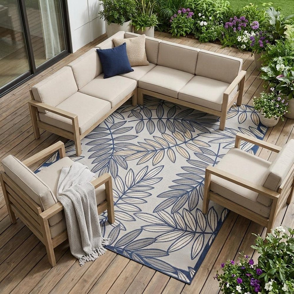 9' X 12' Ivory And Blue Indoor Outdoor Area Rug HomeRoots