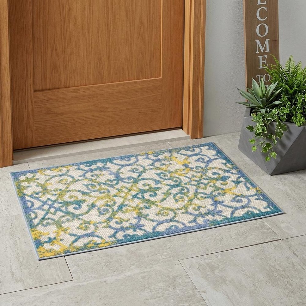 3' X 4' Ivory And Blue Indoor Outdoor Area Rug HomeRoots