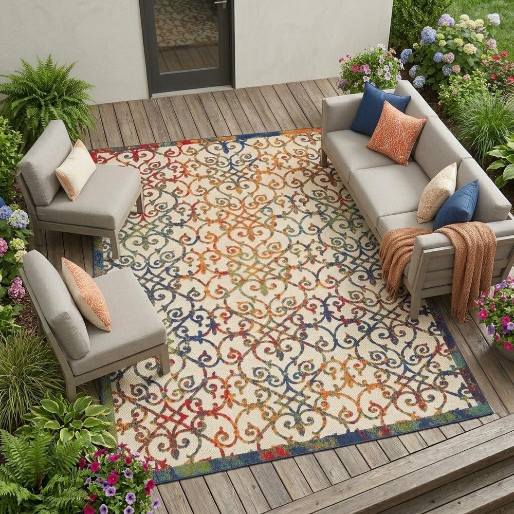 9' X 12' Ivory And Blue Indoor Outdoor Area Rug HomeRoots