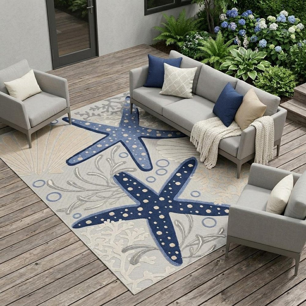 10' X 13' Blue And Gray Starfish Indoor Outdoor Area Rug HomeRoots