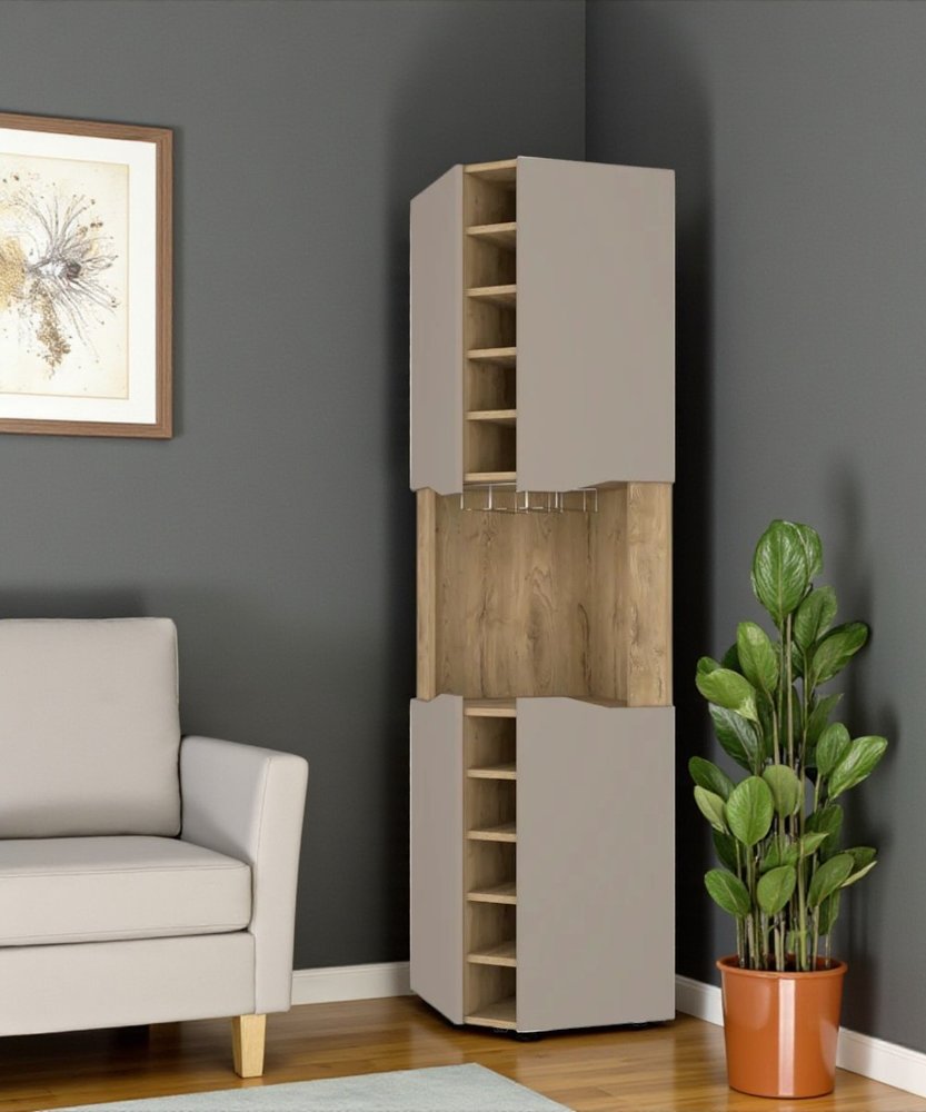 72" Brown and Taupe Wood Corner Bar Cabinet With Four Doors HomeRoots