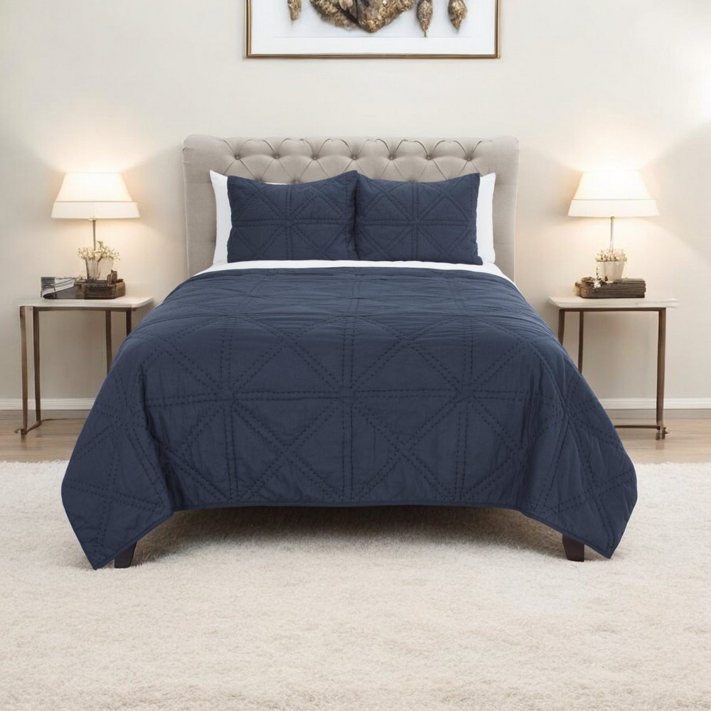 Set of Three Indigo Geometric King Quilt HomeRoots