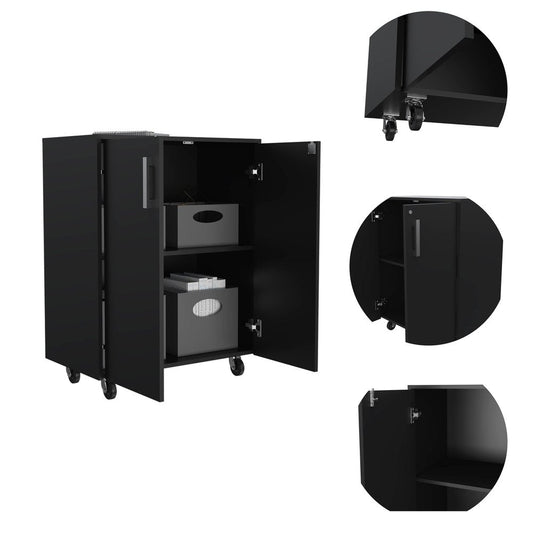 35" Black Wood Rolling Storage Cabinet With Two Doors HomeRoots