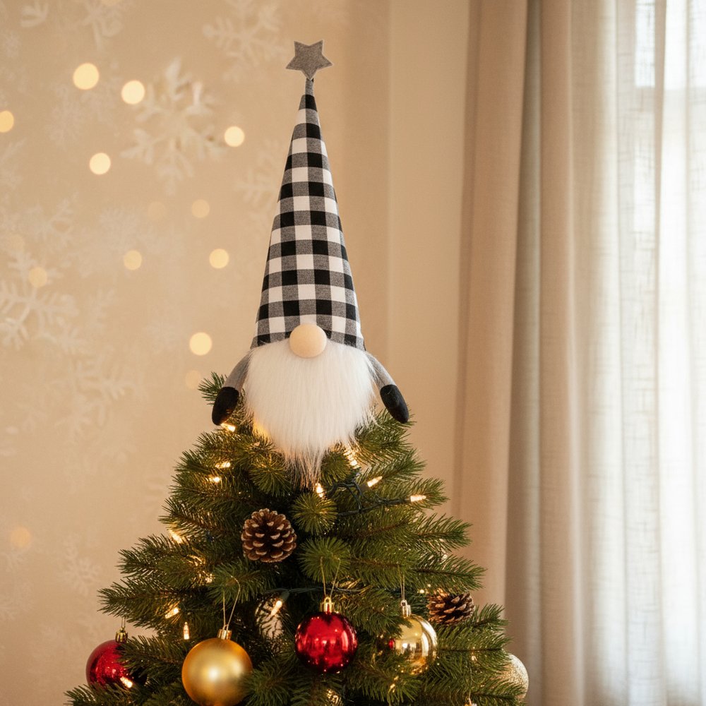 27" Black And White Felt And Faux Fur Gnome Adjustable Height Tree Topper HomeRoots