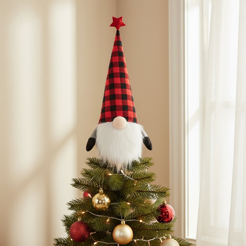 27" Black And Black Felt And Faux Fur Gnome Adjustable Height Tree Topper HomeRoots