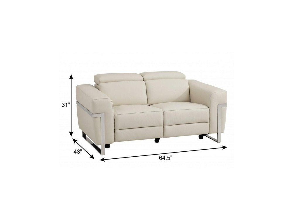 65" Beige And Silver Italian Leather Power Reclining Loveseat HomeRoots