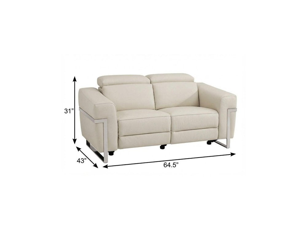 65" Beige And Silver Italian Leather Power Reclining Loveseat HomeRoots