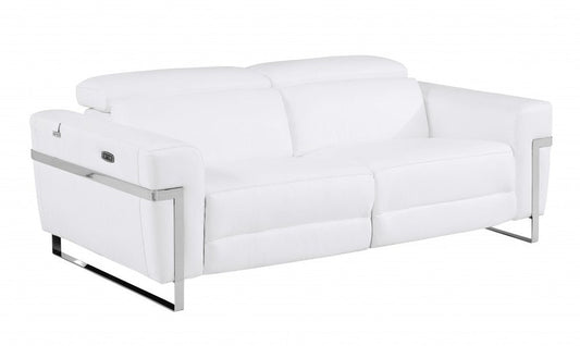 83" White Italian Leather USB Reclining Sofa With Chrome Legs HomeRoots