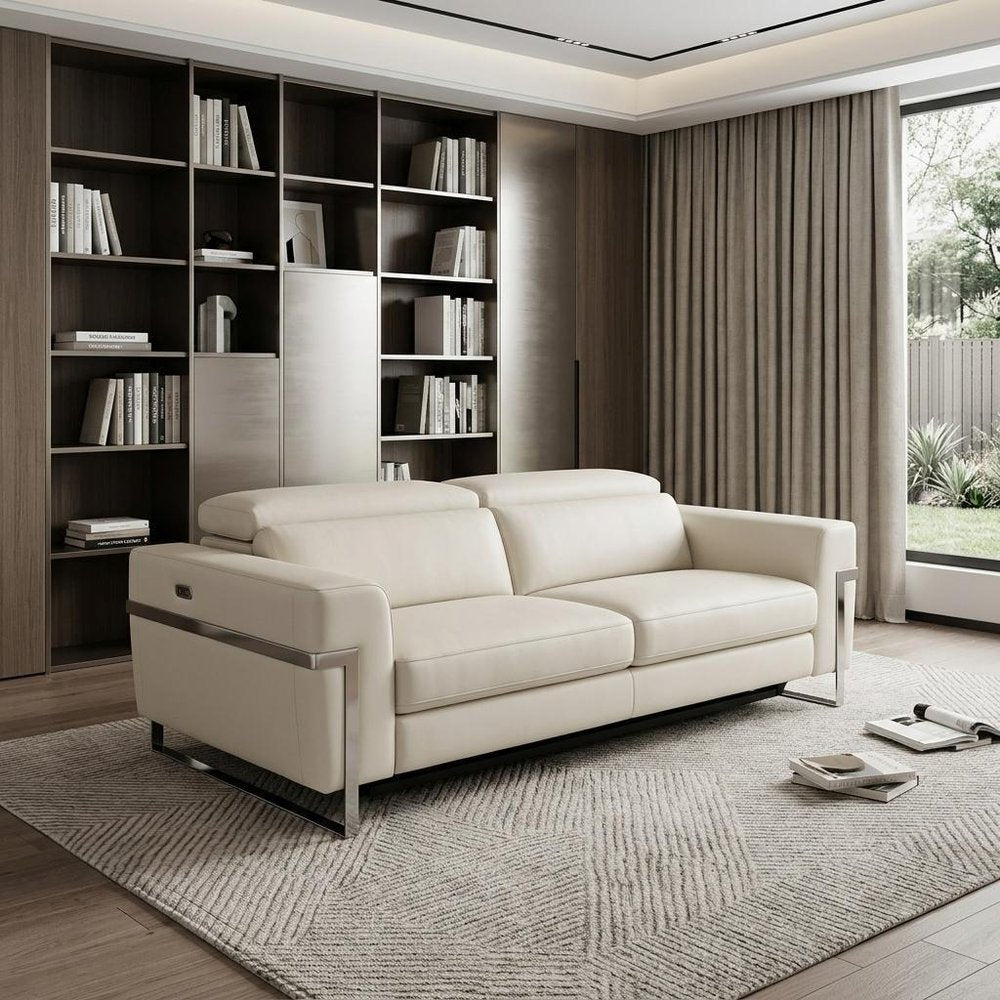 83" Beige Italian Leather USB Reclining Sofa With Silver Legs HomeRoots