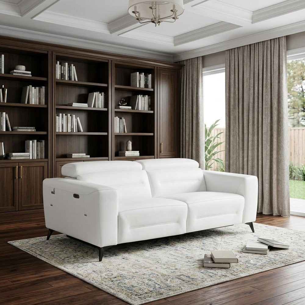 83" White Italian Leather USB Reclining Sofa With Black Legs HomeRoots