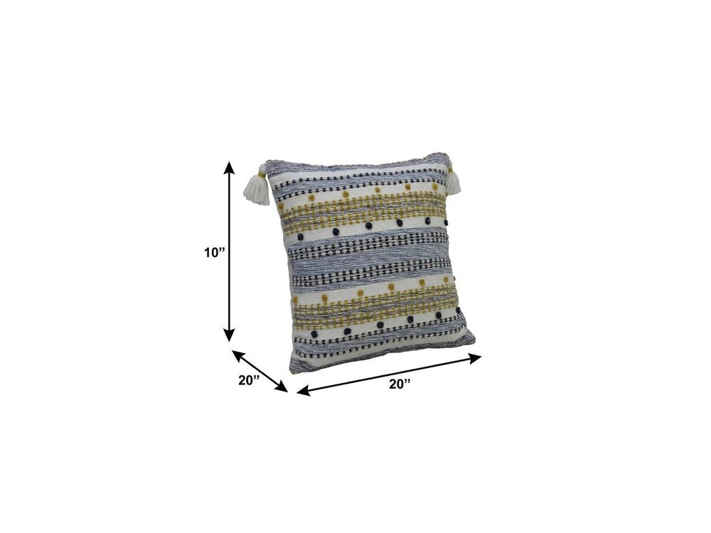 20" X 20" Blue And Gold Striped Handmade Throw Pillow With Tassels