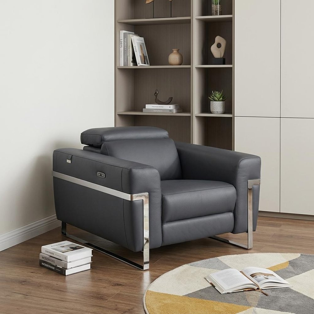 41" Dark Gray Italian Leather Power Recliner Chair HomeRoots