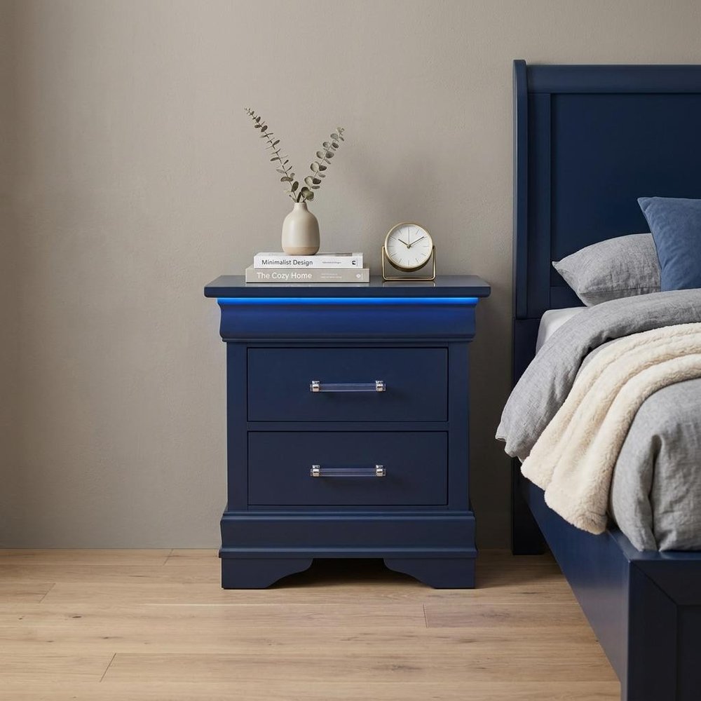 24" Blue Wood Lighted Two Drawer Nightstand HomeRoots
