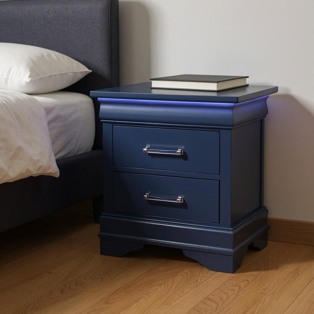 24" Blue Wood Lighted Two Drawer Nightstand HomeRoots