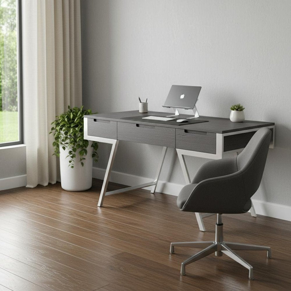 63" Gray and Silver Writing Desk With Three Drawers HomeRoots