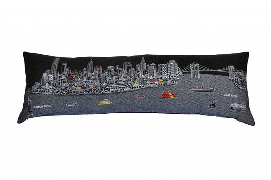14" X 46" Dark Gray And White NYC Nighttime Skyline Lumbar Decorative Pillow