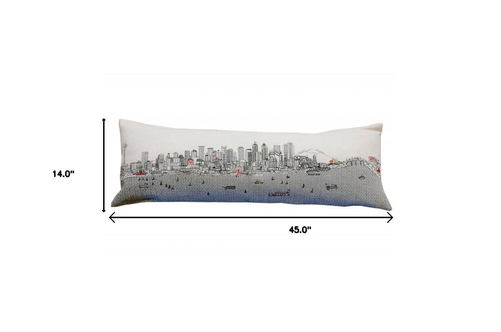 14" X 46" Dark Gray And White Seattle Nighttime Skyline Lumbar Decorative Pillow HomeRoots