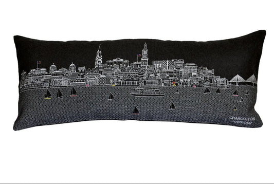 25" Black Charleston Nighttime Skyline Lumbar Decorative Pillow FurniFindUSA