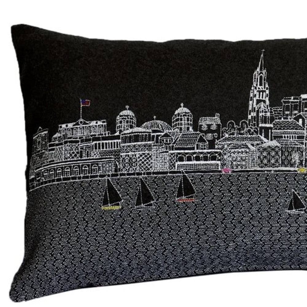 25" Black Charleston Nighttime Skyline Lumbar Decorative Pillow FurniFindUSA