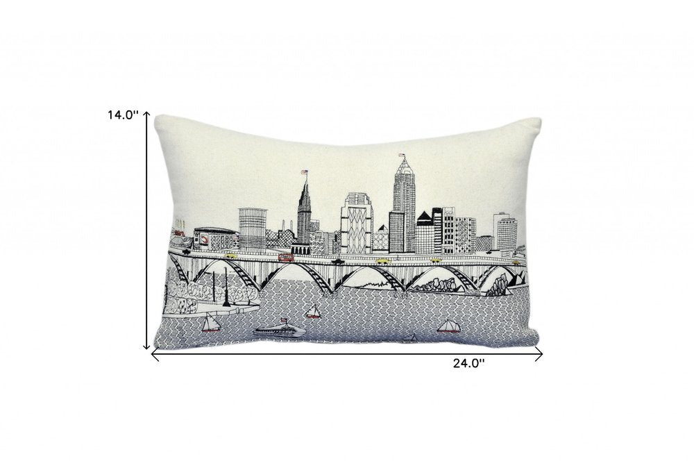 14" X 24" Dark Gray And White Cleveland Nighttime Skyline Lumbar Decorative Pillow HomeRoots