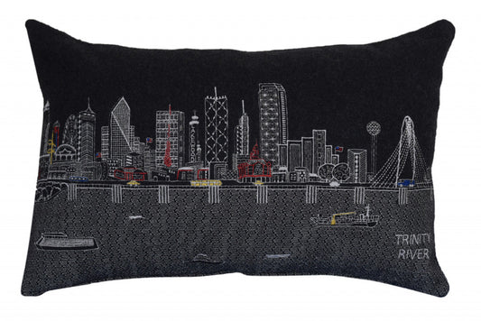 25" Black Dallas Nighttime Skyline Lumbar Decorative Pillow FurniFindUSA