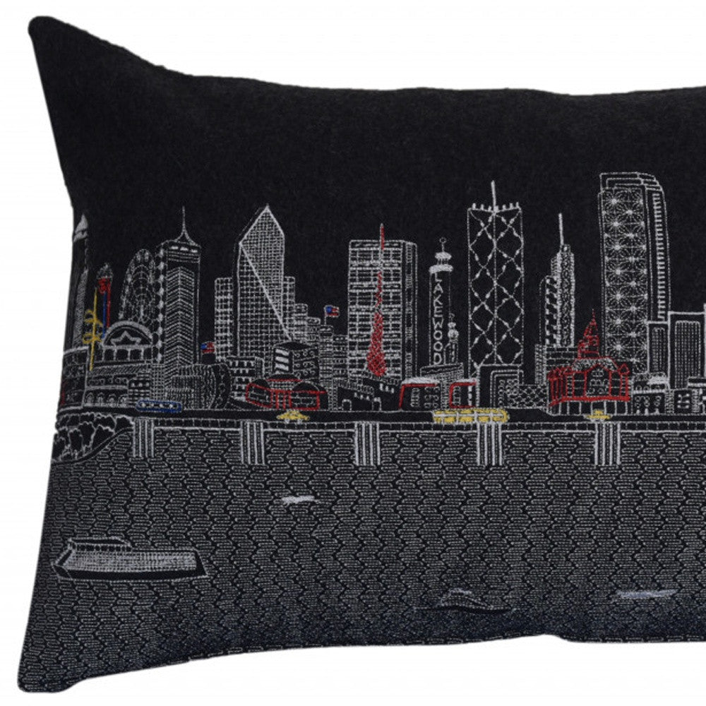25" Black Dallas Nighttime Skyline Lumbar Decorative Pillow FurniFindUSA