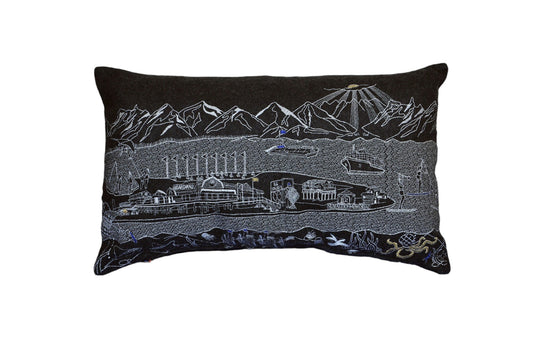 14" X 24" Black Gray and White Hometown Pride Wool Lumbar Throw Pillow FurniFindUSA