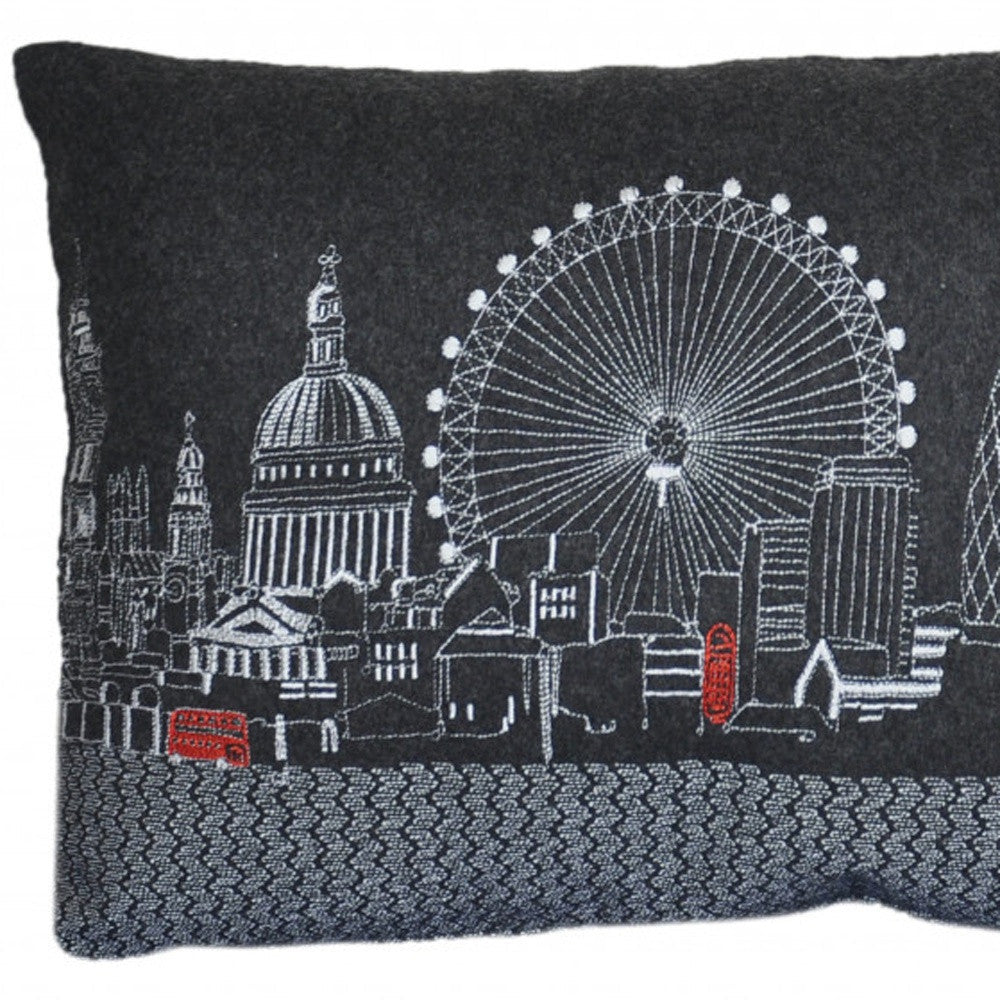 25" Black London Nighttime Skyline Lumbar Decorative Pillow FurniFindUSA