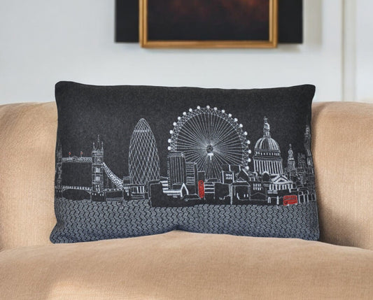25" Black London Nighttime Skyline Lumbar Decorative Pillow FurniFindUSA