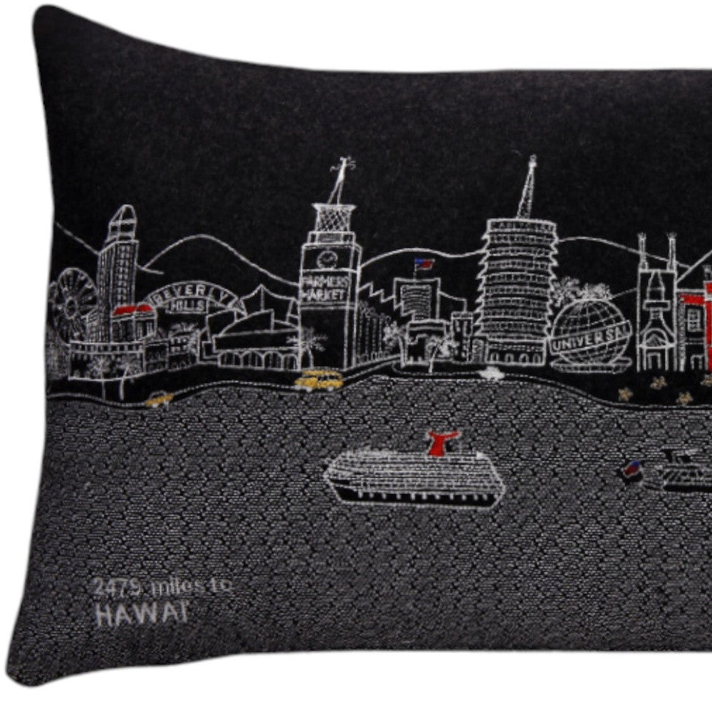 25" Black Los Angeles Nighttime Skyline Lumbar Decorative Pillow FurniFindUSA