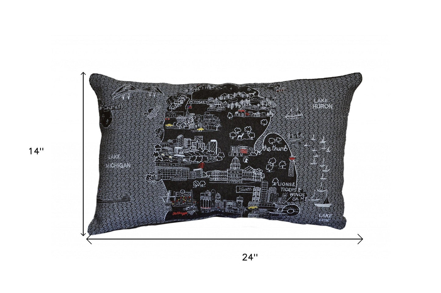 25" Black Michigan Lower Peninsula Nighttime Skyline Lumbar Decorative Pillow FurniFindUSA