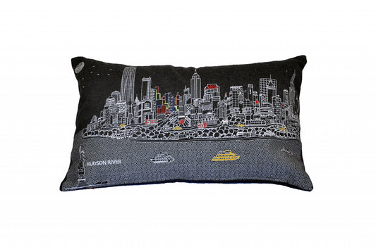 25" Black NYC Nighttime Skyline Lumbar Decorative Pillow FurniFindUSA