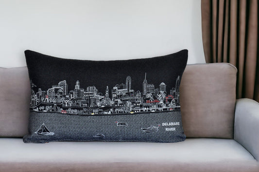 25" Black Philadelphia Nighttime Skyline Lumbar Decorative Pillow FurniFindUSA
