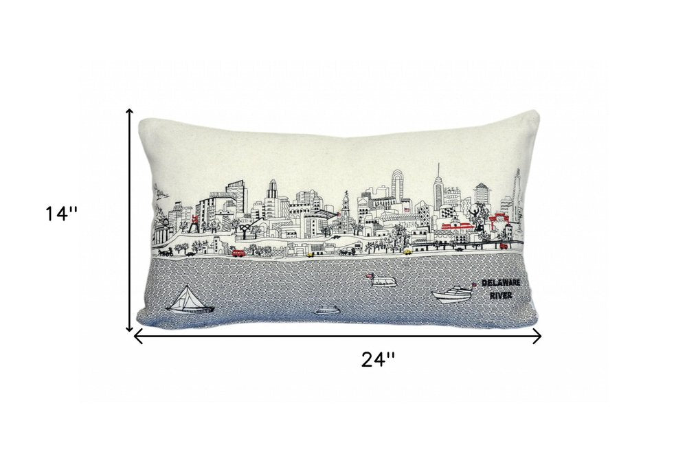 14" X 24" Dark Gray And White Philadelphia Nighttime Skyline Lumbar Decorative Pillow HomeRoots