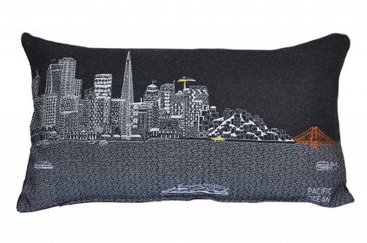 14" X 25" Dark Gray And White San Francisco Nighttime Skyline Lumbar Decorative Pillow