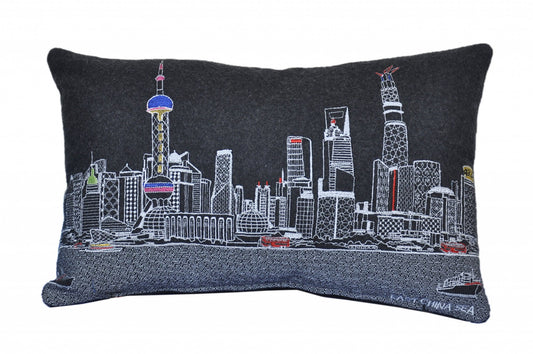 25" Black Shanghai Nighttime Skyline Lumbar Decorative Pillow FurniFindUSA