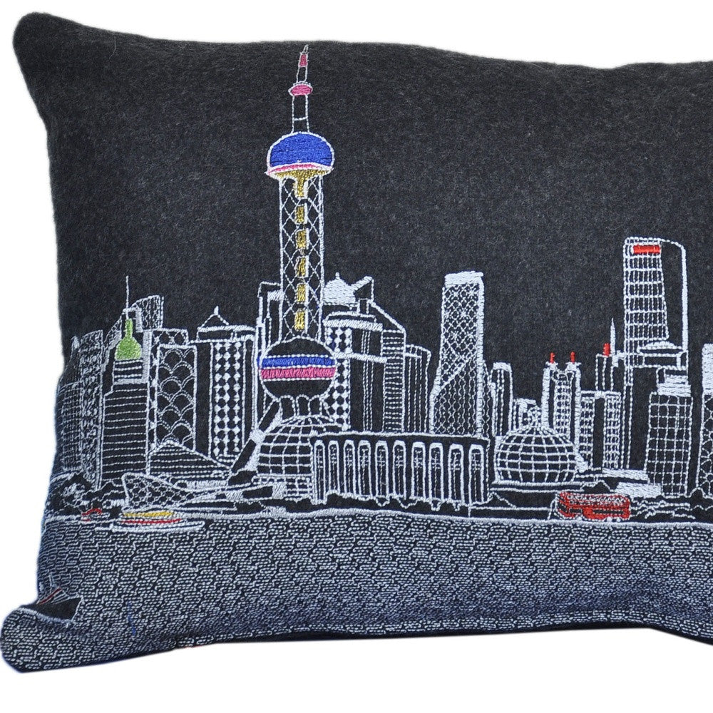 25" Black Shanghai Nighttime Skyline Lumbar Decorative Pillow FurniFindUSA
