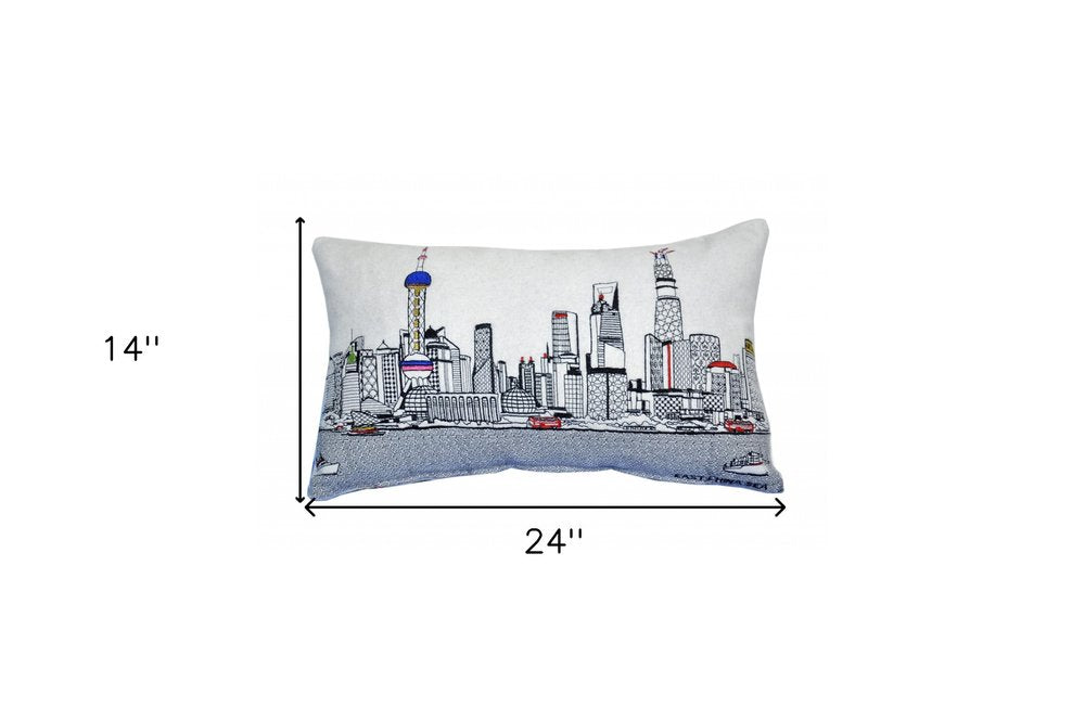 14" X 24" Dark Gray And White Shanghai Nighttime Skyline Lumbar Decorative Pillow HomeRoots