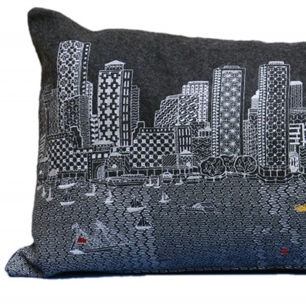 35" Black Boston Nighttime Skyline Lumbar Decorative Pillow FurniFindUSA