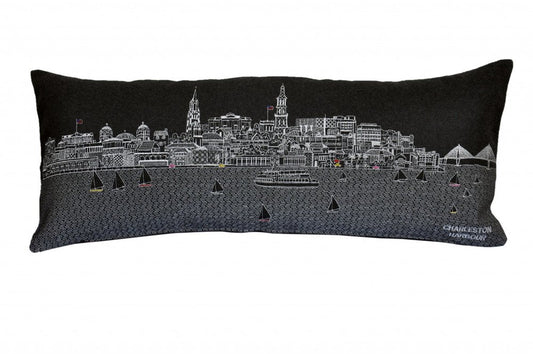 14" X 35" Dark Gray And White Charleston Nighttime Skyline Lumbar Decorative Pillow