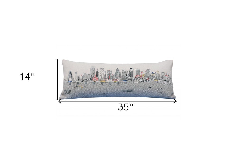 14" X 35" Dark Gray And White Dallas Nighttime Skyline Lumbar Decorative Pillow HomeRoots