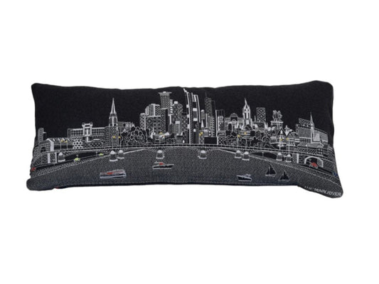 14" X 35" Dark Gray And White Frankfurt Nighttime Skyline Lumbar Decorative Pillow