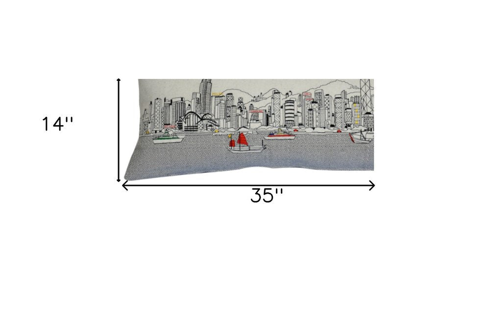 14" X 35" Dark Gray And White Hong Kong Nighttime Skyline Lumbar Decorative Pillow HomeRoots
