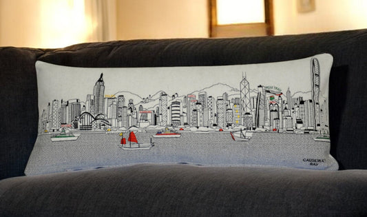 35" White Hong Kong Daylight Skyline Lumbar Decorative Pillow FurniFindUSA
