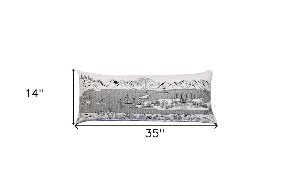 14" X 35" Dark Gray And White Homer Spit Nighttime Skyline Lumbar Decorative Pillow HomeRoots