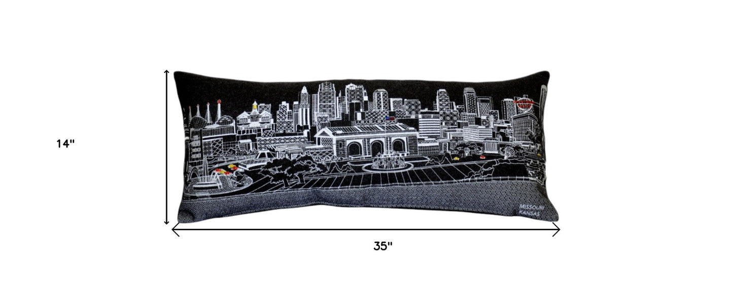 35" Black Kansas City Nighttime Skyline Lumbar Decorative Pillow FurniFindUSA