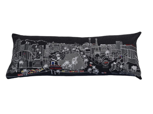 14" X 35" Dark Gray And White Las Vegas Nighttime Skyline Lumbar Decorative Pillow