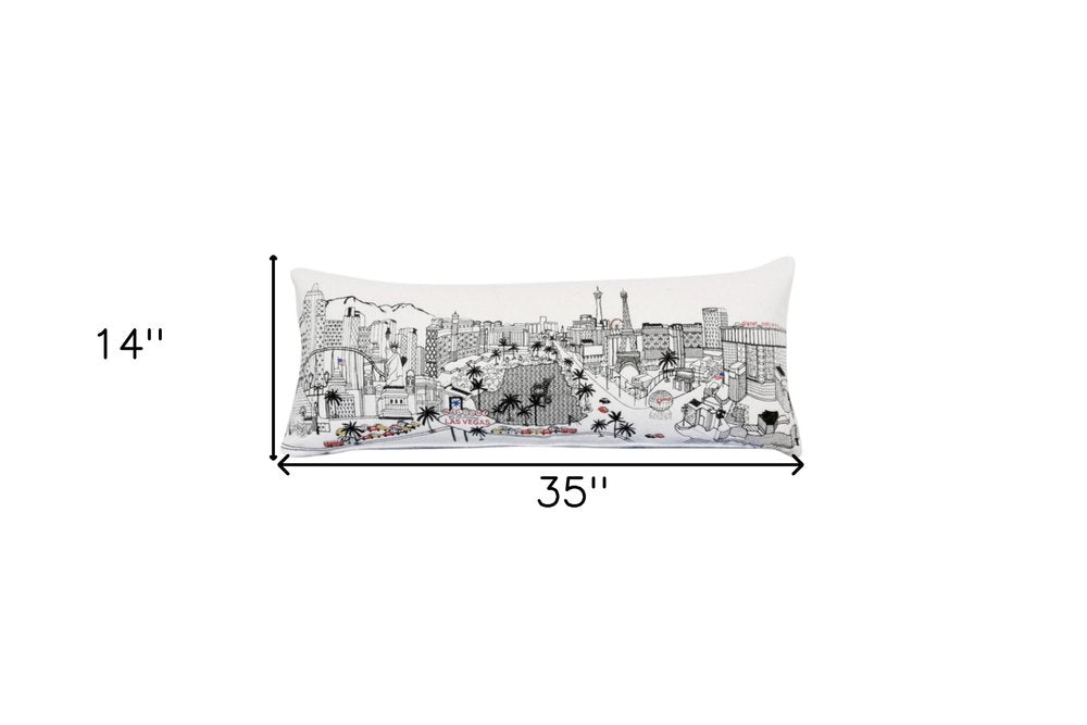 14" X 35" Dark Gray And White Las Vegas Nighttime Skyline Lumbar Decorative Pillow HomeRoots