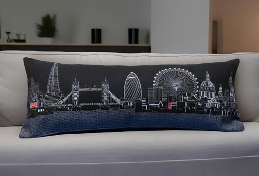 35" Black London Nighttime Skyline Lumbar Decorative Pillow FurniFindUSA